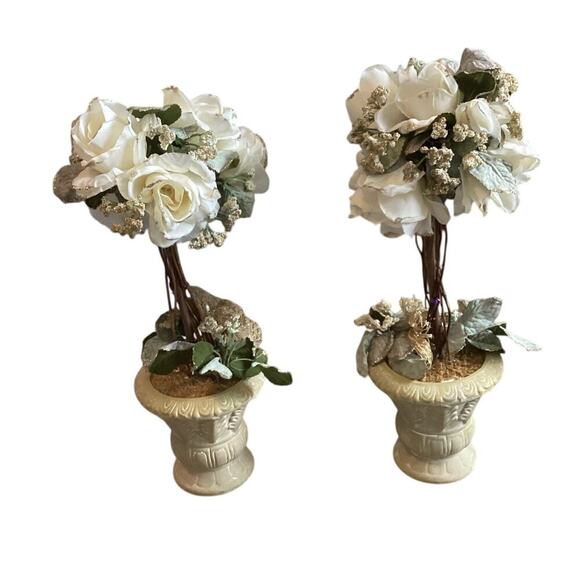 Floral Topiary Set White Christmas Decor White Flower Traditional French Country - Picture 2 of 5